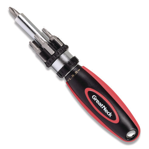 Image of Great Neck® Ratcheting Screw/Nut Driver Set, Phillips/Slotted/Star Bits, 7" Long, Black/Red
