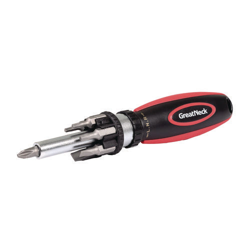 Image of Great Neck® Ratcheting Screw/Nut Driver Set, Phillips/Slotted/Star Bits, 7" Long, Black/Red