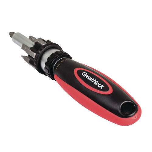 Image of Great Neck® Ratcheting Screw/Nut Driver Set, Phillips/Slotted/Star Bits, 7" Long, Black/Red