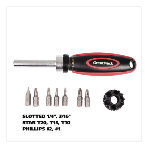 Image of Great Neck® Ratcheting Screw/Nut Driver Set, Phillips/Slotted/Star Bits, 7" Long, Black/Red