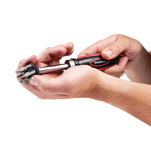 Image of Great Neck® Ratcheting Screw/Nut Driver Set, Phillips/Slotted/Star Bits, 7" Long, Black/Red
