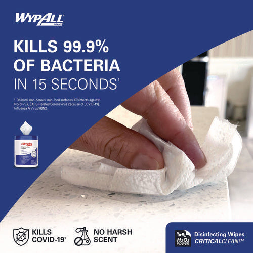 Image of WypAll® Disinfecting Wipes, 1-Ply, 5.16 x 8.5, Fresh Scent, White, 185 Sheets/Canister, 3 Canisters/Carton