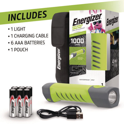 Image of Energizer® Pro Series Handheld High CRI Flashlight, Rechargeable Lithium Ion/6 AAA Batteries Included, Gray/Green