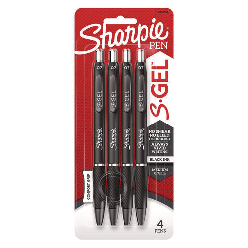 Image of Sharpie® S-Gel S-GEL HIGH-PERFORMANCE GEL PEN, RETRACTABLE, MEDIUM 0.7 MM, BLACK INK, BLACK BARREL, 4/PACK