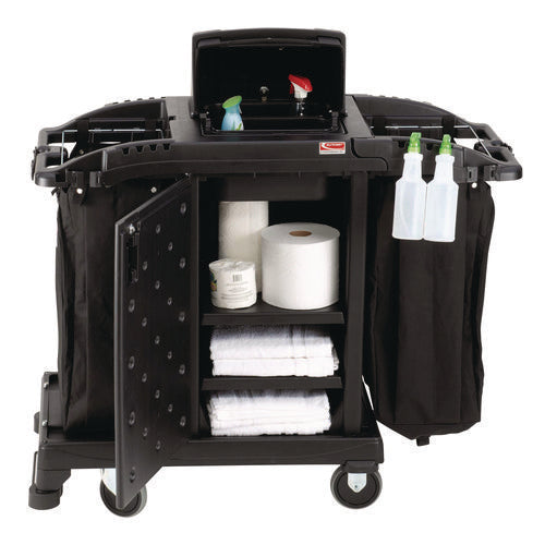 Image of Suncast Commercial® Compact Premium Housekeeping Cart, Plastic, 1 Shelf, 23.25" x 53.22" x 53.06", Black