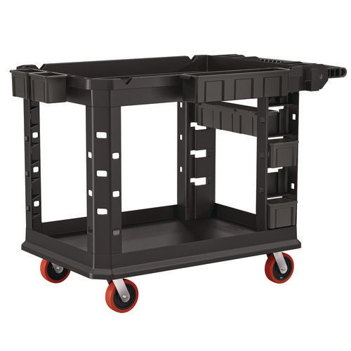 Image of Suncast Commercial® Heavy Duty Plus Utility Cart, Plastic, 2 Shelves, 6 Bins, Capacity, 26.5" x 48.78" x 34.81", Black