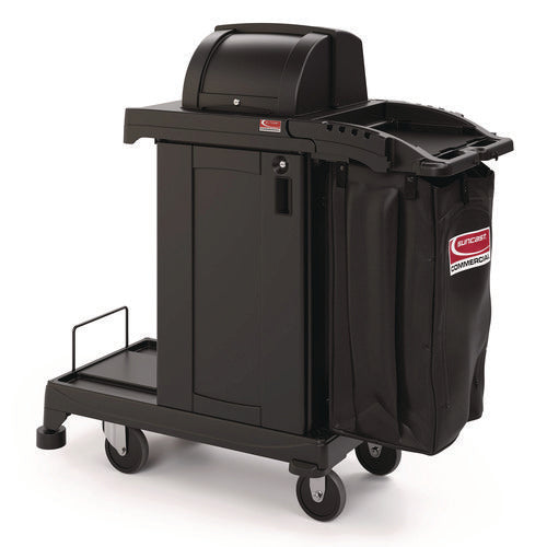 Image of Suncast Commercial® High Security Housekeeping Cart, Plastic, 1 Shelf, 3 Bins, 23.19 x 53.23 x 53.02, Black