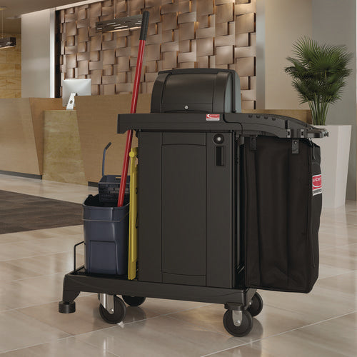 Image of Suncast Commercial® High Security Housekeeping Cart, Plastic, 1 Shelf, 3 Bins, 23.19 x 53.23 x 53.02, Black