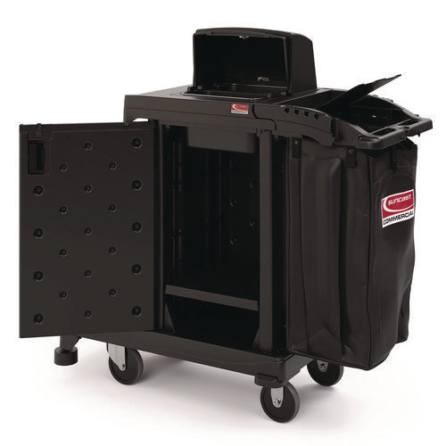 Image of Suncast Commercial® High Security Housekeeping Cart, Plastic, 1 Shelf, 3 Bins, 23.19 x 53.23 x 53.02, Black