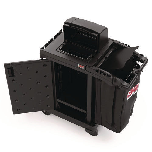 Image of Suncast Commercial® High Security Housekeeping Cart, Plastic, 1 Shelf, 3 Bins, 23.19 x 53.23 x 53.02, Black