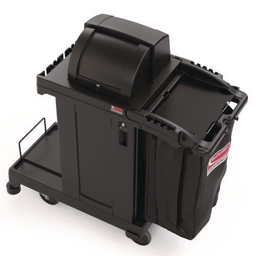 Image of Suncast Commercial® High Security Housekeeping Cart, Plastic, 1 Shelf, 3 Bins, 23.19 x 53.23 x 53.02, Black