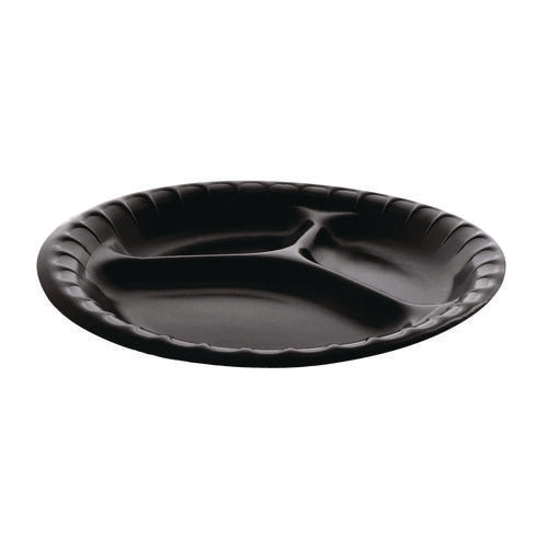 Image of Pactiv Evergreen Placesetter Deluxe Laminated Foam Dinnerware, 3-Compartment Plate, 9" dia, Black, 500/Carton