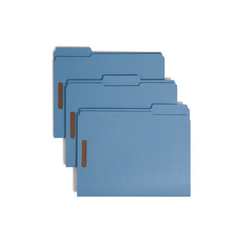 Image of Smead Top Tab Colored Fastener Folders, 0.75" Expansion, 2 Fasteners, Letter Size, Blue Exterior, 50/Box