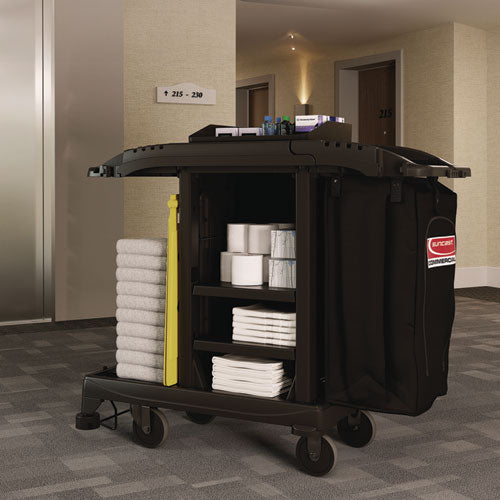 Image of Suncast Commercial® Compact Standard Housekeeping Cart, Plastic, 1 Shelf, 23.25" x 53.18" x 46.57", Black