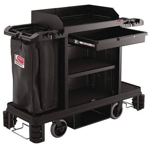 Image of Suncast Commercial® Partially Assembled Premium Housekeeping Cart, Plastic, 1 Shelf, 24 x 62.13 x 49.75, Black