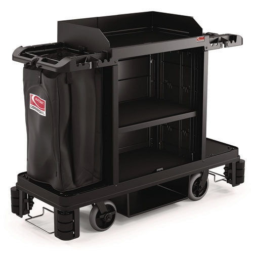 Image of Suncast Commercial® Partially Assembled Premium Housekeeping Cart, Plastic, 1 Shelf, 24 x 62.13 x 49.75, Black