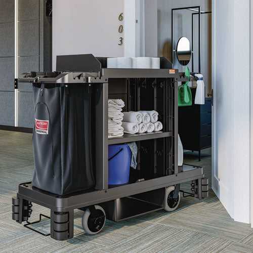 Image of Suncast Commercial® Partially Assembled Premium Housekeeping Cart, Plastic, 1 Shelf, 24 x 62.13 x 49.75, Black