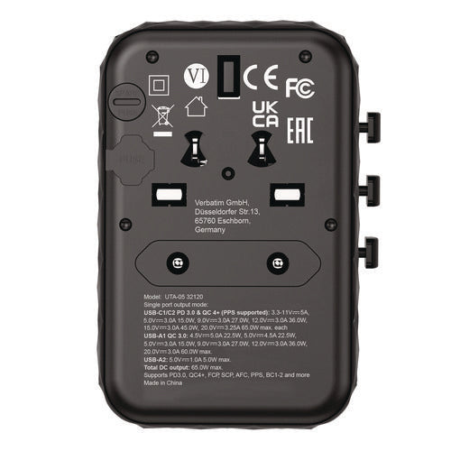 Image of Verbatim® UTA-05 Gan III Universal Travel Adapter, (2) USB-A/(2) USB-C/Quick Charge 4+