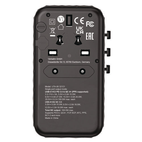 Image of Verbatim® UTA-06 Gan III Universal Travel Adapter, (2) USB-A/(2) USB-C/Quick Charge 4+