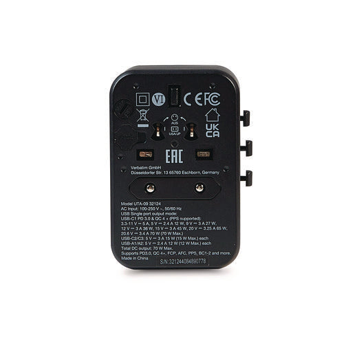 Image of Verbatim® UTA-09 Gan III Universal Travel Adapter, (2) USB-A/(2) USB-C/USB-C with Power Delivery 3.0