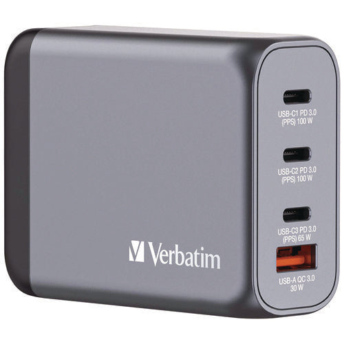 Image of Verbatim® 100 W 4-Port GaN Wall Charger, Black/Gray