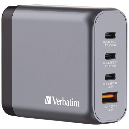 Image of Verbatim® 140 W 4-Port GaN Wall Charger, Black/Gray
