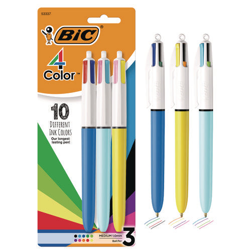 Image of BIC® 4-Color Multi-Color Ballpoint Pen, Retractable, Medium 1 mm, Assorted Ink and Barrel Colors, 3/Pack