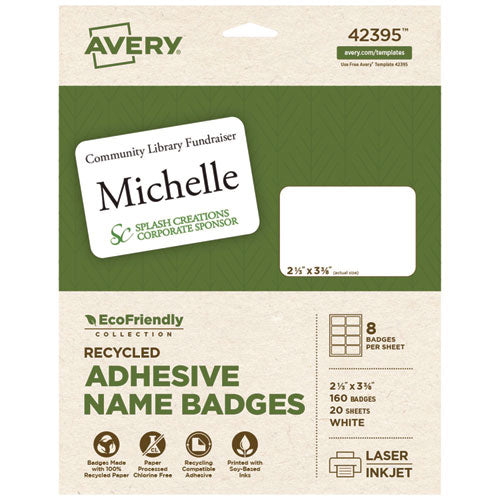 Image of Avery® Ecofriendly Adhesive Name Badge Labels, 3.38 X 2.33, White, 160/box