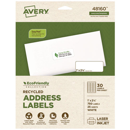 Image of Avery® Ecofriendly Mailing Labels, Inkjet/laser Printers, 1 X 2.63, White, 30/sheet, 25 Sheets/pack