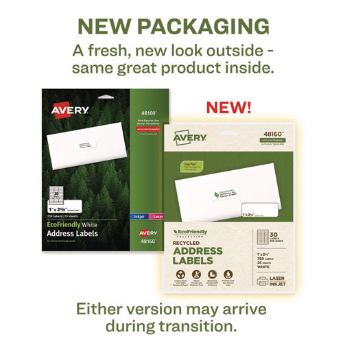 Image of Avery® Ecofriendly Mailing Labels, Inkjet/laser Printers, 1 X 2.63, White, 30/sheet, 25 Sheets/pack