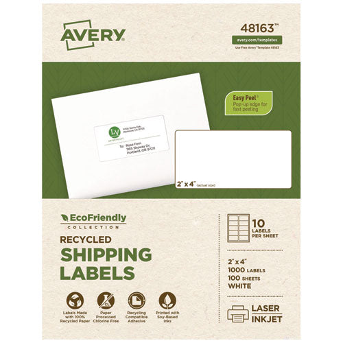 Image of Avery® Ecofriendly Mailing Labels, Inkjet/laser Printers, 2 X 4, White, 10/sheet, 100 Sheets/pack