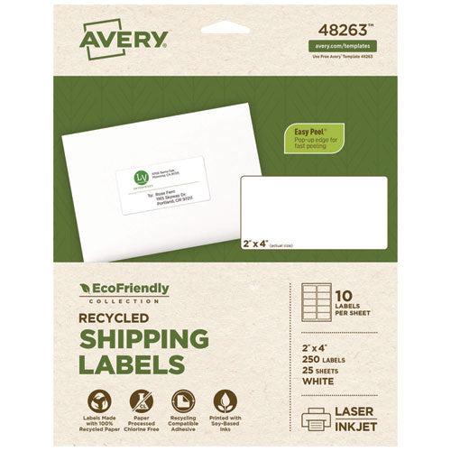 Image of Avery® Ecofriendly Mailing Labels, Inkjet/laser Printers, 2 X 4, White, 10/sheet, 25 Sheets/pack