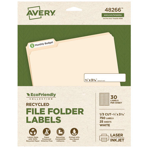 Image of Avery® Ecofriendly Permanent File Folder Labels, 0.66 X 3.44, White, 30/sheet, 25 Sheets/pack