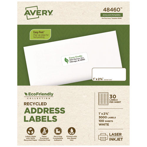 Image of Avery® Ecofriendly Mailing Labels, Inkjet/laser Printers, 1 X 2.63, White, 30/sheet, 100 Sheets/pack
