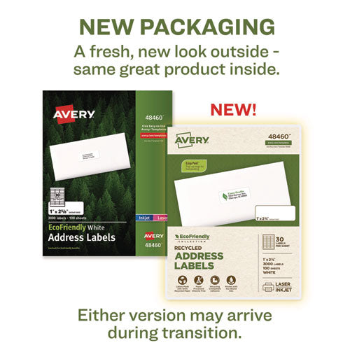 Image of Avery® Ecofriendly Mailing Labels, Inkjet/laser Printers, 1 X 2.63, White, 30/sheet, 100 Sheets/pack