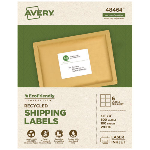 Image of Avery® Ecofriendly Mailing Labels, Inkjet/laser Printers, 3.33 X 4, White, 6/sheet, 100 Sheets/pack