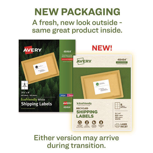 Image of Avery® Ecofriendly Mailing Labels, Inkjet/laser Printers, 3.33 X 4, White, 6/sheet, 100 Sheets/pack