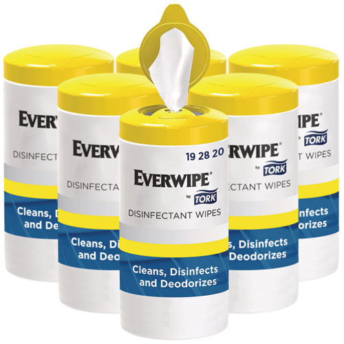 Image of Tork® Disinfectant Wipe Canisters, 1-Ply, 7 x 7, Lemon, White, 75 Sheets/Canister, 6/Carton