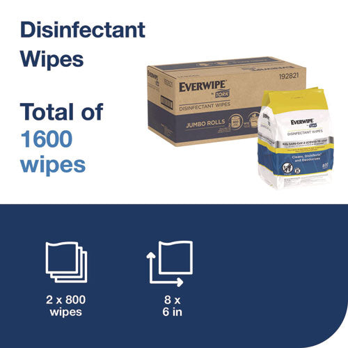 Image of Tork® Disinfectant Wipe Jumbo Rolls, 1-Ply, 8 x 6, Lemon, White, 800 Sheets, 2/Carton