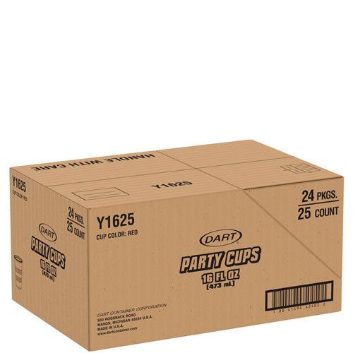 Image of Dart® SOLO Party Plastic Cold Drink Cups, 16 oz, Red, 24/Pack, 25 Packs/Carton