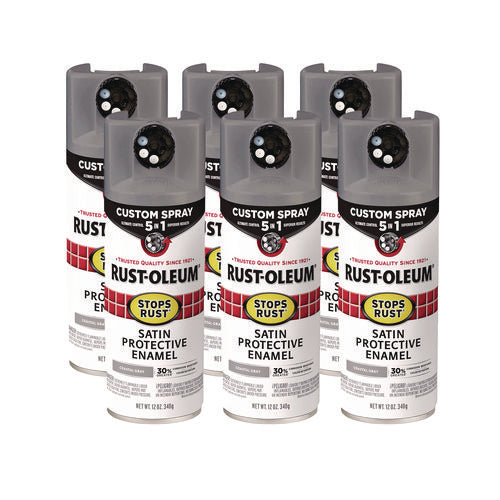 Image of Rust-Oleum® Stops Rust 5-in-1 Spray Paint, Satin Coastal Gray, 12 oz Aerosol Can, 6/Carton