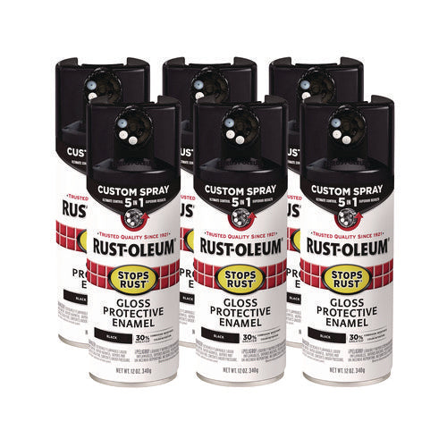 Image of Rust-Oleum® Stops Rust 5-in-1 Spray Paint, Gloss Black, 12 oz Aerosol Can, 6/Carton