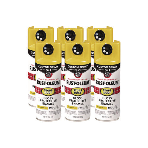 Image of Rust-Oleum® Stops Rust 5-in-1 Spray Paint, Gloss Sunburst Yellow, 12 oz Aerosol Can, 6/Carton