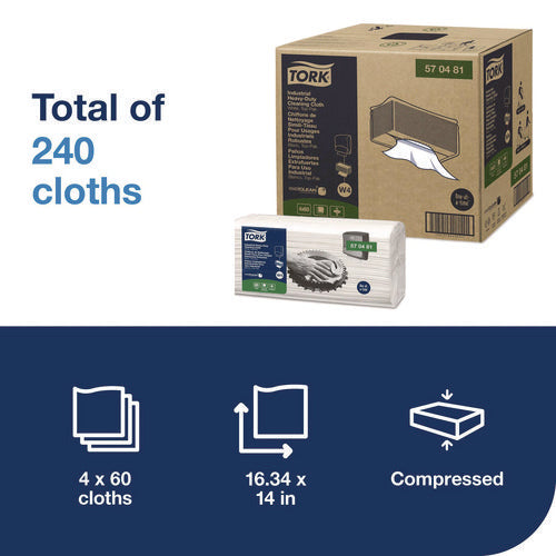 Image of Tork® Industrial Heavy-Duty Cleaning Cloth, 1-Ply, 13.97 x, 4.25, Unscented, White, 60 Cloths, 4/Carton