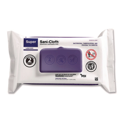 Image of Sani Professional® Super Sani-Cloth Germicidal Disposable Wipes, Large, 1-Ply, 8.2 x 9.8, Unscented, White, 80/Pack