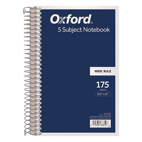 Image of TOPS Wirebound Five-Subject Notebook, Wide/Legal Rule, Navy Cover, (175) 9.5 x 6 Sheets
