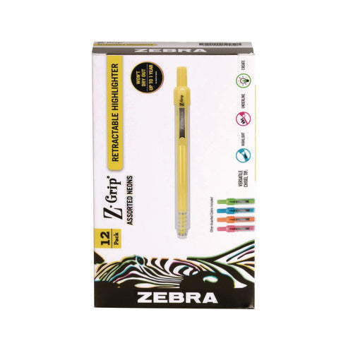 Image of Zebra® Z-Grip Retractable Highlighter Markers, Assorted Neon Ink, Chisel Tip, Assorted Neon Barrel, Dozen