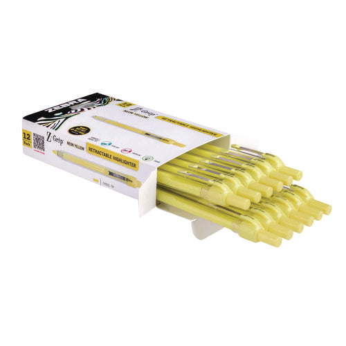 Image of Zebra® Z-Grip Retractable Highlighter Markers, Neon Yellow Ink, Chisel Tip, Neon Yellow Barrel, Dozen