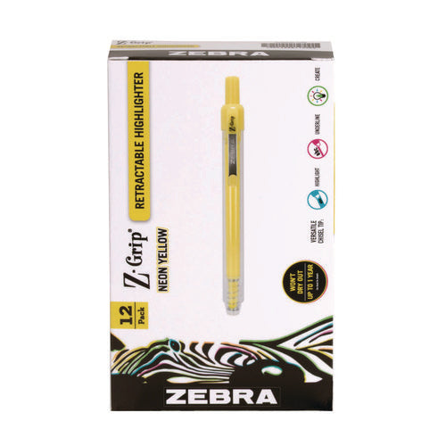 Image of Zebra® Z-Grip Retractable Highlighter Markers, Neon Yellow Ink, Chisel Tip, Neon Yellow Barrel, Dozen