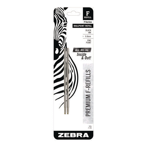 Image of Zebra® F-Series Ballpoint Stainless Steel Pen Refill, Fine 0.8 mm Conical Tip, Black Ink, 2/Pack